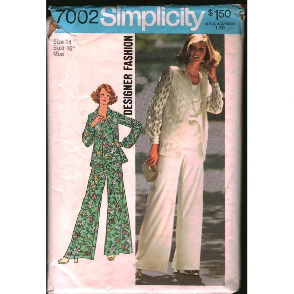 Vintage 1975 Simplicity 7002 Sewing Pattern Misses Jacket Top Wide Leg Pants 14